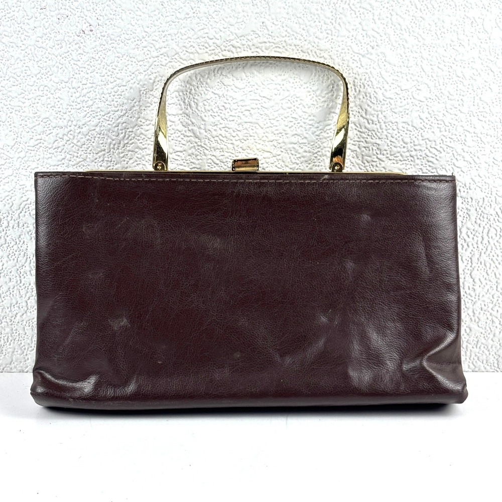Vintage Leather Clutch Bag Womens OS Brown Gold Handle Kiss Lock MCM 50's 60's